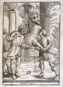 Miraklet af Saint Eloi (helbredelse af en amputeret hest) - gravering af Unknown artist