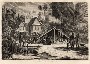 Produktion af keramik i Saniaboury (Laos). Gravering til illustration af udforskningsrejsen i Indokina af Francis Garnier, løjtnant de Vaissseau, i 1866-1868, udgivet i "" Le tour du monde""" 1870-1871, redigeret af Edouard Charton, udgave Hac af Unknown artist