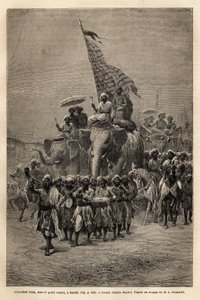 Det kongelige banner, i sowari (militær procession), i Baroda (eller Vadodara), staten Gujarat på Indiens nordøstkyst. Gravering til illustration af Rajahernes rejse i Indien, af Louis Rousselet, i 1864-1868, udgivet i "" Le tour du monde af Unknown artist