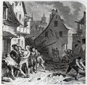 Barberingsfadet i Lille. En episode fra belejringen af Lille i 1792 under de franske uafhængighedskrige - Le siege de Lille en octobre 1792 - Revolution francaise - Bombardement af østrigere og preussere - Barber bruger en halv bombe som skægfad - engr af Unknown artist