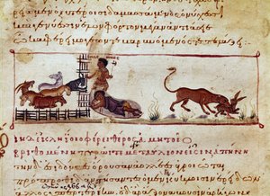 Fårenes avl, til højre fortæres en hare af et miniaturedyr taget fra jagtmalkningen ""The Cynegetics"" af Oppian (Oppian eller Oppianus) fra Syrien (3. århundrede e.Kr.) dedikeret til Caracalla. Venedig fra det 11. århundrede. Biblioteca Marciana af Unknown artist