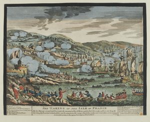 Indtagelsen af Isle of France (Mauritius), 2. december 1810 (træsnit, farvet) af Unknown artist