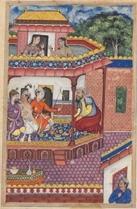 De tre unge mænd præsenterer sig selv som bejlere til Zuhra, datter af købmanden i Kabul, fra en Tuti-nama (Fortællinger om en papegøje): Fjerogtredive nat af Unknown artist