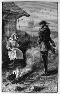 Heksen Bessie Millie, der bor på øen Pomona (Orkney), sælger vindposer, der er gunstige for søfolk. Illustration af Walter Scotts historie fra 1814. Indgravering af det 19. århundrede af Unknown artist