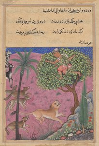 Ulven og sjakalen, der tjener som vesirer, anstifter løven, der forfølger Brahmanen op i et træ, fra en Tuti-nama (Fortællinger om en papegøje): Enogtyvende nat af Unknown artist