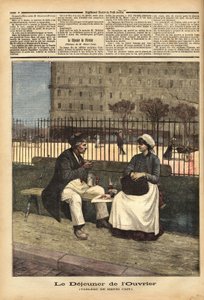 Arbejderfrokosten, gengivelse af maleriet af Henri Cain (1859-1930), maler og dramatiker. Indgravering i "" Le petit journal"" 18/04/1891. Selvas samling. af Unknown artist