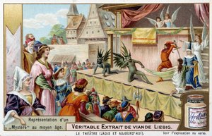 Teater: repræsentation af et mysterium i middelalderen - Liebig-kromolitografi af Unknown artist