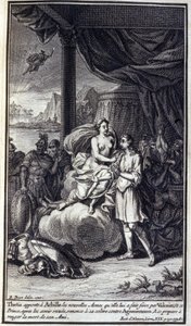 Thetis bringer Achilles de nye våben, som hun lavede til ham af Vulcan; og denne prins, efter at have modtaget dem, giver afkald på sin vrede mod Agamemnon og gør sig klar til at hævne sin vens død. Illustration af bog XIX af Iliaden af Homere, Frenc af Unknown artist