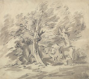 Tre køer, der står under en gruppe træer af Unknown artist