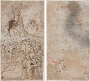 Tre scener fra Kristi lidenskab (recto) Arkitektonisk skitse (verso) af Unknown artist
