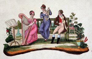 Tre personer, der spiller på musikinstrumenter i en have: harpe, lyre, bratsch. Ætsning sd. af det 18. århundrede. af Unknown artist