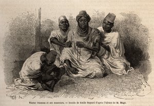 Tierno Ousman, fra Toucouleur-stammen, leder af landsbyen Guemmou Koura (Mali), holder en muslimsk rosenkrans med store korn, opretter sine bønner, mens hans massører masserer hans ryg og ben. Gravering for at illustrere rejsen til det vestlige Sudan af Li af Unknown artist