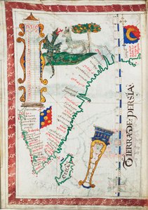 Tierra de Persia", målestok: ca. 1:13 500 000, viser yderligere steder i Sydindien og Sri Lanka, ca. 1550-60 (pergament) af Unknown artist