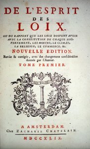 Titelside på "" Lovenes ånd"" af Charles Louis de Secondat, Baron de La Brede et de Montesquieu (1689-1755). Amsterdam udgave 1749. af Unknown artist