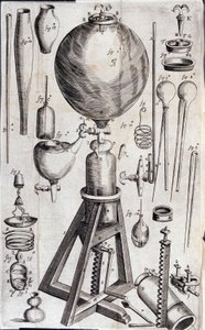 Værktøjer til videnskabelige eksperimenter - i "Nye fysisk-mekaniske eksperimenter på luftens elastiske kraft og virkningerne af samme, gjort det meste i en ny pneumatisk maskine"" af Robert Boyle af Unknown artist