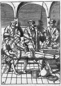 Tortur i middelalderen: spørgsmålet om vand. Bind med snore, vand hældes på en klud, der skubbes til bunden af hans hals. Stik af 1700-tallet efter en stik fra middelalderen. af Unknown artist