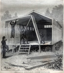 Transportable papkonstruktioner: ambulancer demonterbare, system opfundet af kommandør Espitallier - Indgravering i "" La Science francaise"" af Unknown artist