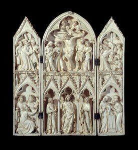 Triptykon af Saint-Sulpice du Tarn: korsvogn, korsfæstelse, nedstigning af korset, tilbedelse af magi, glorværdig jomfru, præsentation ved templet. Reliefstrømper i udskåret elfenben. Omkring 1300 Paris, Nationalmuseet for middelalderen, Thermes d af Unknown artist