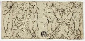 To dekorative grupper af Putti med trompeter og frugt af Unknown artist