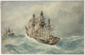 To tre-mast skibe på stormfuldt hav af Unknown artist