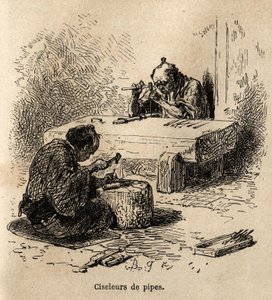 To arbejdere, hver med en hammer og et slag, er ved at udskære metalrør i deres værksted. Gravering til illustration af rejsen til Japan af Aime Humbert, minister for det schweiziske forbund, i 1863-1864, udgivet i "" le tour du monde"", under instruktion af Unknown artist