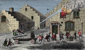 Brug af en brandpumpe til at slukke en brand. 1733 stik. af Unknown artist