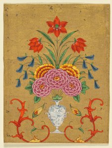 Vase med blomsterarrangement og scrollwork af Unknown artist