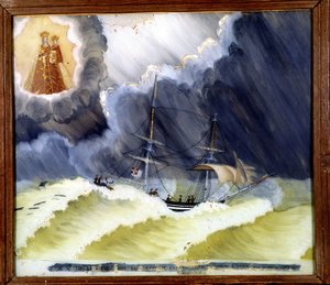 Fartøj i vanskeligheder - ex-voto fra Notre Dame de Laghet, 36 x 50 cm af Unknown artist