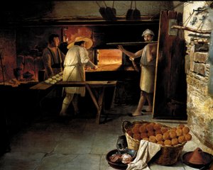 Udsigt fra indersiden af et bageri Bagere bager brødet i ovnen. Anonymt maleri fra det 18. århundrede. Rom, Museo del Folklore af Unknown artist