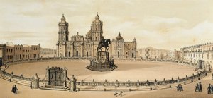 Udsigt over Zocalo-pladsen og katedralen i Mexico City, Mexico Litografi fra slutningen af det 19. århundrede af Unknown artist