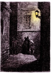 Udsigt over en mørk gyde i Whitechapel-distriktet i London. 1700-tals gravering af Unknown artist