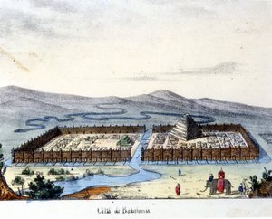 Udsigt over det gamle Babylon: i midten templet og de hængende haver. Brændende sd. begyndelsen af det 19. århundrede. af Unknown artist