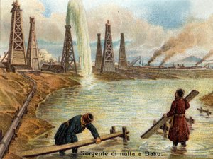 Udsigt over oliebrønde i Baku, Aserbajdsjan. kromolitografi omkring 1890. af Unknown artist