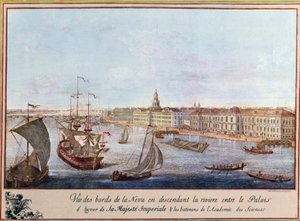 Udsigt over Neva ved Vinterpaladset og Videnskabsakademiet i Sankt Petersborg. Tryk omkring 1753. Paris, B.N. af Unknown artist