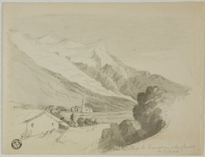 Udsigt over landsbyen Chamonix og Bossons-gletsjeren af Unknown artist