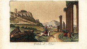 Udsigt over byen Athen, Grækenland, med Akropolis og Parthenon til venstre, ruiner af søjler, monumenter og Propylaea foran af Unknown artist