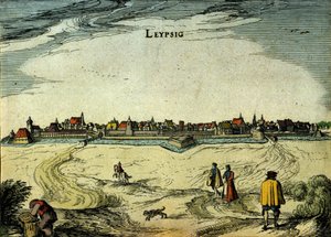Udsigt over byen Leipzig i Tyskland. 1700-tals stik af Unknown artist