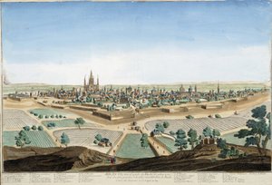 Udsigt over byen Milano, Italien med katedralen og fæstningsværket. Stik af det 18. århundrede. af Unknown artist