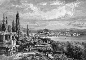 Udsigt over byen Trieste (i den østrigske periode), gravering fra 1885 af Unknown artist