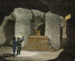 Udsigt over ossuary af katakomberne i Montsouris i Paris. Indgravering fra 1856 i "" Le Musee Des Sciences"" af Unknown artist