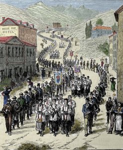 Udsigt over processionen fra stationen til Lourdes-hulen i de høje Pyrenæer, hvor Jomfruen viste sig for Bernadette Soubirous (1844-1879) i 1858, det nuværende pilgrimssted. Indgravering af det 19. århundrede af Unknown artist
