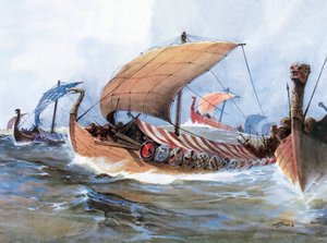 Vikingebåd i transit mod Normandiet, akvarel af Unknown artist