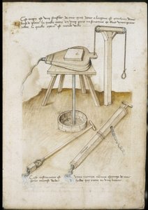 Vandpumpeinstrumenter - Manuskript: pergamentark af en ingeniørmanual til opførelse af civile, religiøse og militære bygninger, anonym, slutningen af det 15. århundrede (figur med kinesisk blæk) af Unknown artist