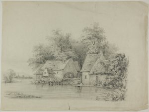 Vandmølle og sommerhus med stråtag af Unknown artist