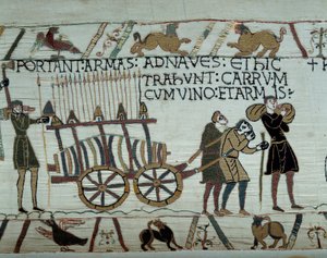 Våben og vin bringes til skibene under tankning til erobringen af England af Vilhelm Erobrerens (1027-1087) flåder i 1066. Detalje af Bayeux-tapetet eller Broderi af Dronning Mathilde af Unknown artist