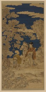 Indslagsvævet gobelin (kesi): Three Star Gods and Joy Personificeret som to børn af Unknown artist