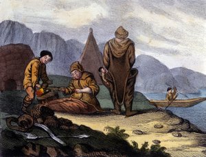Vestgrønlands kysteskimoer. Litografi i begyndelsen af det 19. århundrede af Unknown artist