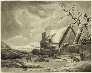 Vinterscene med mennesker uden for et sommerhus nær en dam af Unknown artist