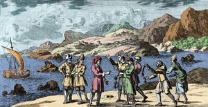 Hekseri og overbevisninger: Finske og samer, der provokerer en storm ved tre knobs magi. Gravering fra "Mundi Mirabilis Oeconomia" af Johann Zahn (1631-1707) af Unknown artist