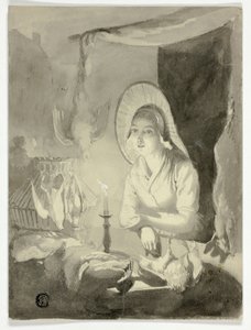 Kvinde klæder høns af Unknown artist